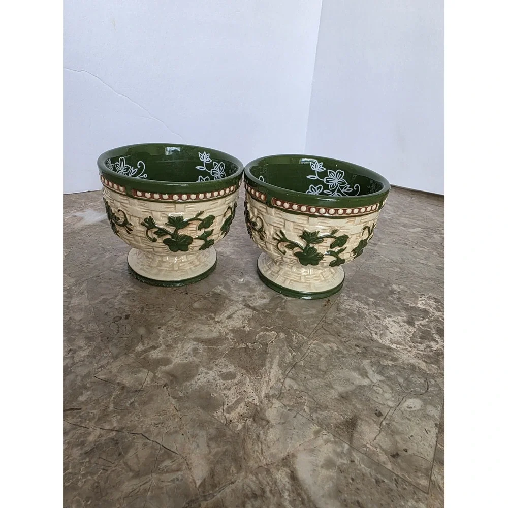 Temp-tations Green Floral Basket Weave Dessert Sherbet Pedestal Bowl‎ Set Of 2